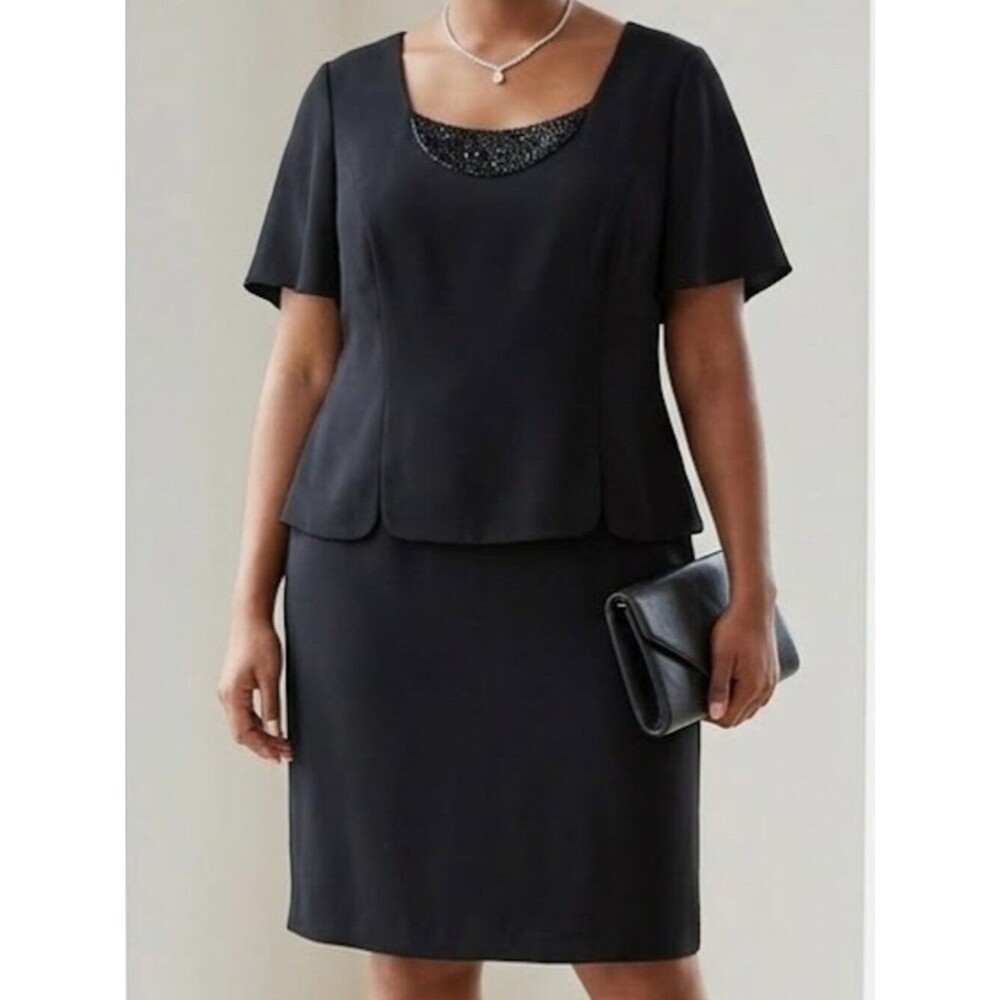 Maggy London Black Sequin Beaded Neckline Mock Layer Dress Plus Size 22WP